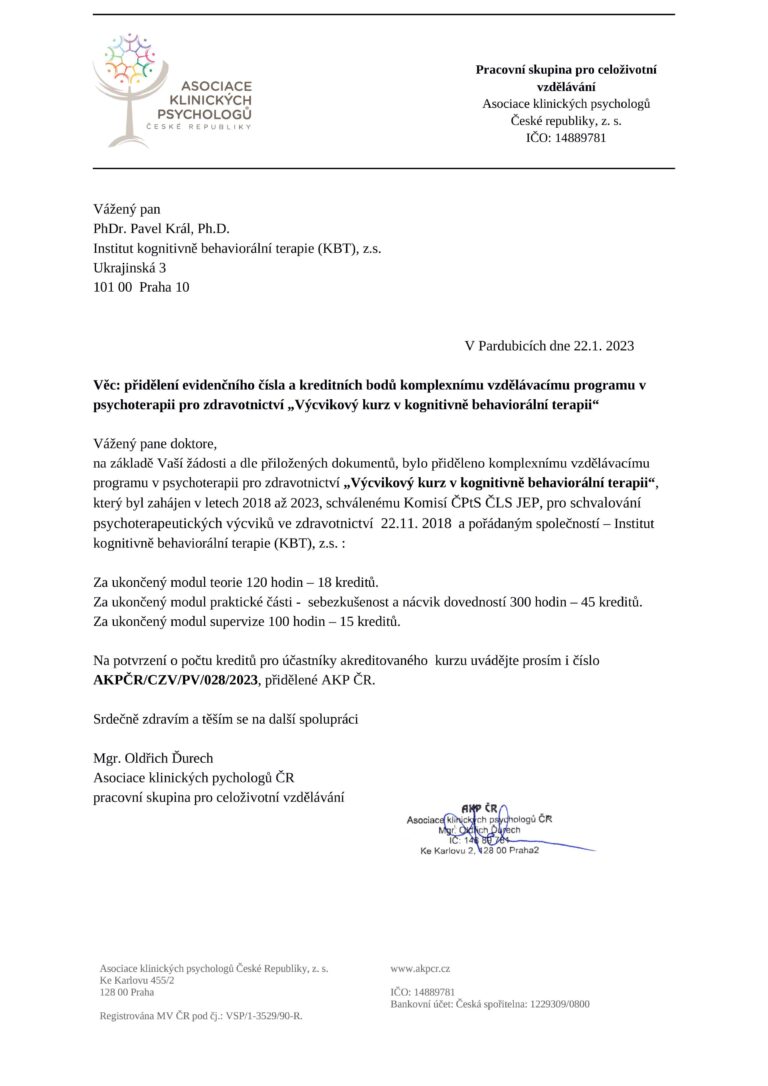 Přidělení evidenčního čísla a kreditů psychoterapeutckému výcviku KBT 2018-2023